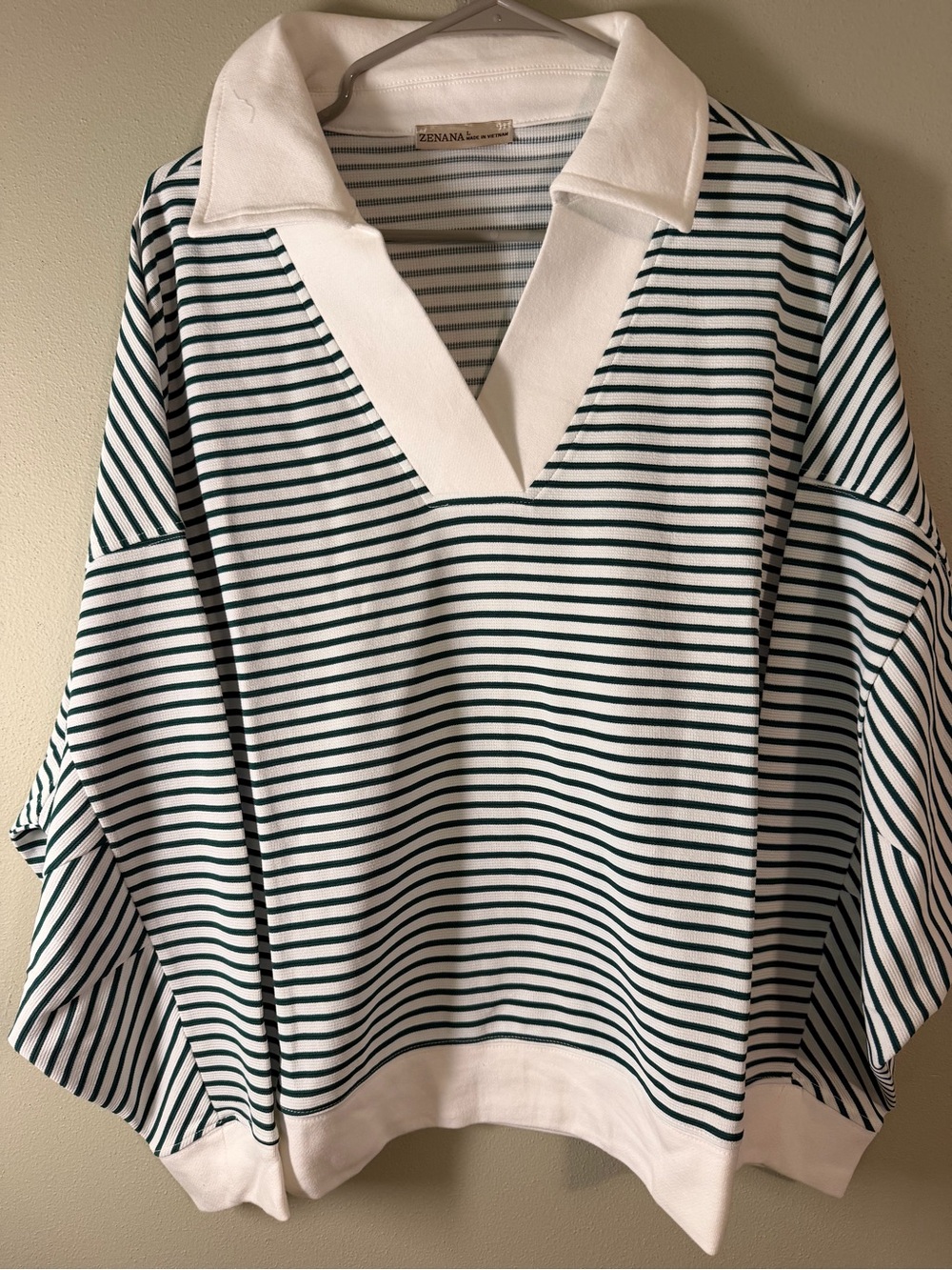 Zenana Outfitters White and Dark Green Striped V-Neck Polo two piece set